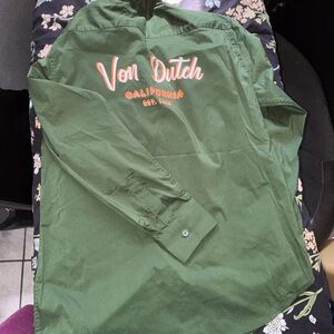 Von Dutch Green Dress Shirt with Orange Accents